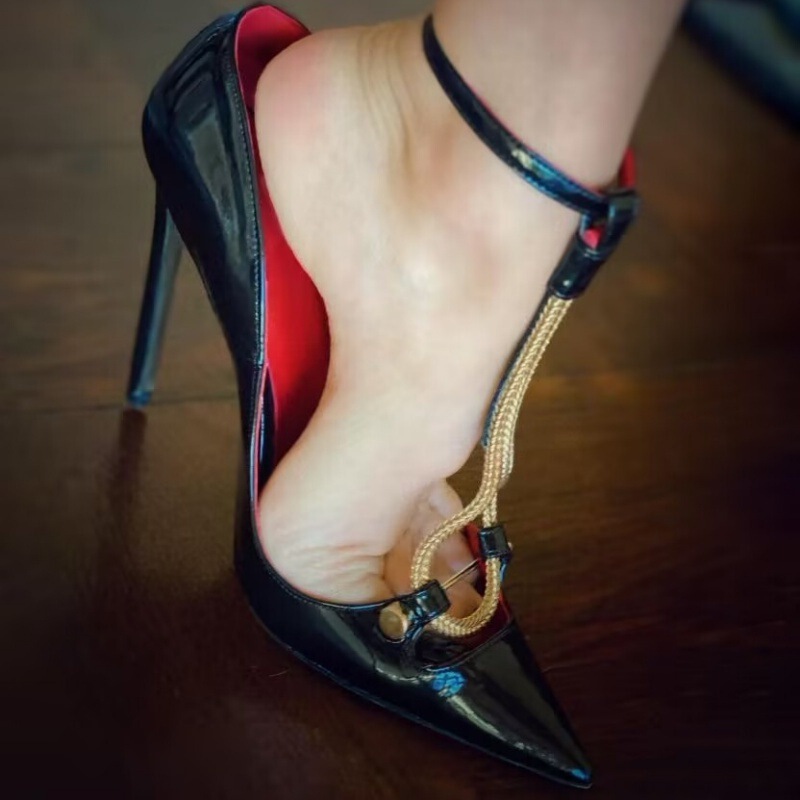 Cross-border Women's Fashion Single-layer Shoes Pointed Metal Tie Thin-heeled Foreign Trade Women's Shoes plus size heels