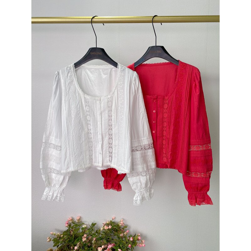 French-Style Elegance~2-Color Lace Embroidery U-Neck Shirt for Women, Unique Bell Sleeves, Loose Fit, Front Buttoned, Versatile Top