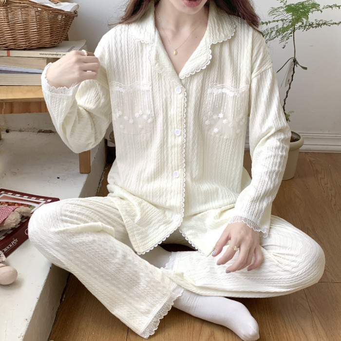 Estilo Chanel Sucio rosa pijamas de las mujeres jacquard algodón solapa cardigan manga larga otoño y el invierno dulce niña casual desgaste del hogar traje