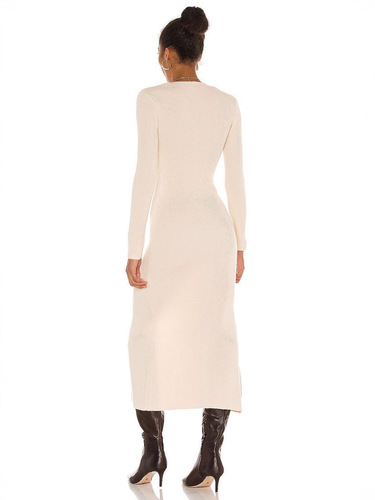 Annual women's knit long-sleeved single-breasted dress V-neck slim long dress