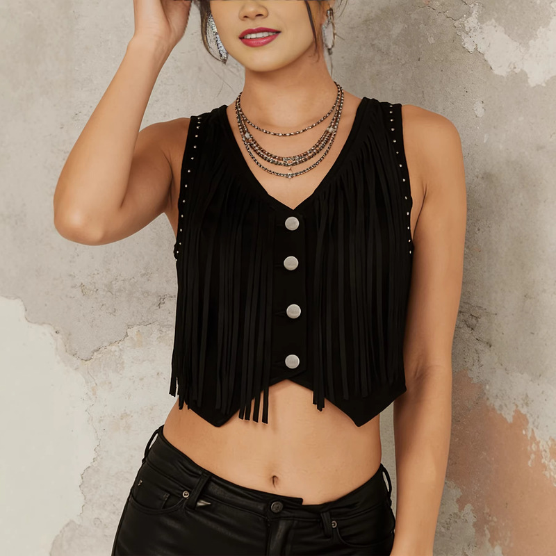 Amazon European and American Retro Women's Solid Color Tassel Patchwork Slim Fit V-Neck Casual Short Jacket Amazon European and American Retro Women's Solid Color Tassel Patchwork Slim Fit V-Neck Casual Short Jacket