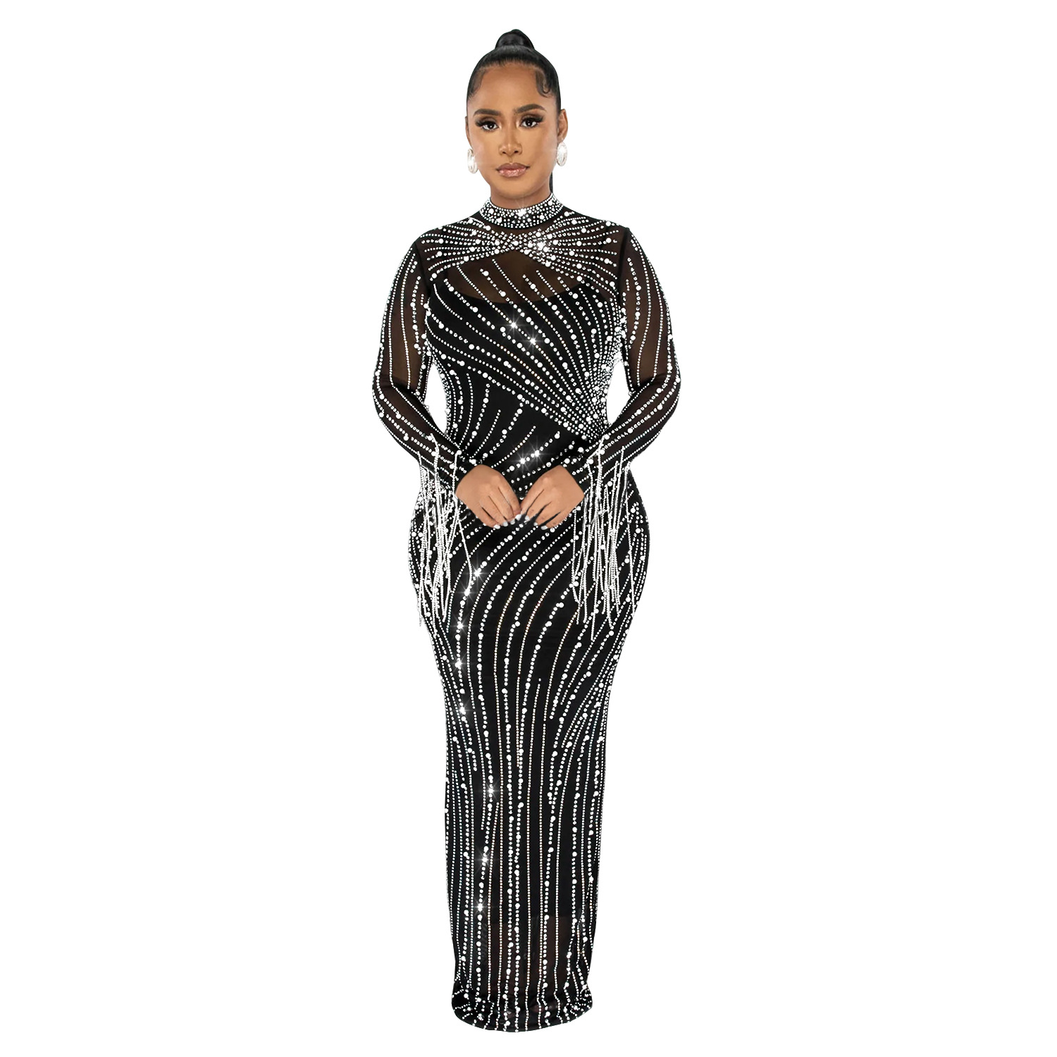 C6266 AliExpress Amazon de moda europea y americana de las mujeres de malla ver-a Través De rhinestone de manga larga vestido de forro de dos piezas conjunto