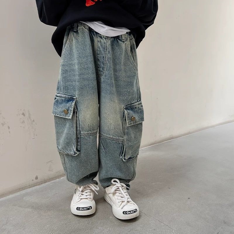 Boys' Spring Cargo Jeans 2026 New Style Stylish Dad Pants for Kids, Long Casual Pants for Medium and Large Children