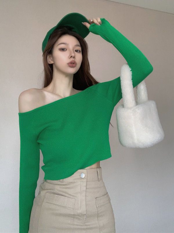 Black Wool Knitwear Women's Spring and Summer New Hot Girl One-Line Collar Off-Shoulder Slim Short Pure Color Simple Top