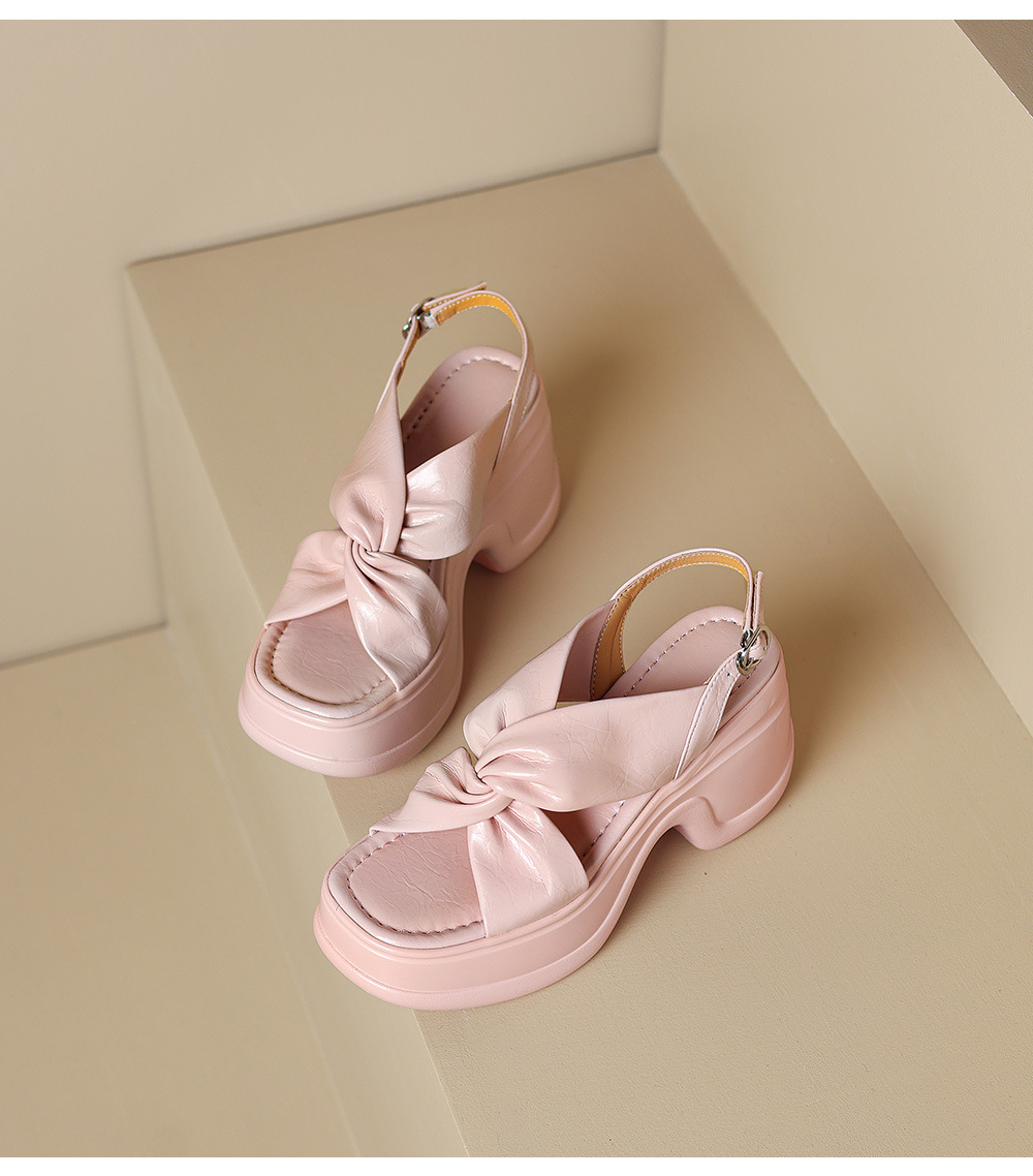 Sandal nữ đế xuồng cao gót quai chéo hở mũi phong cách La Mã — Hồng nhạt, màu trắng ngà chi tiết 12