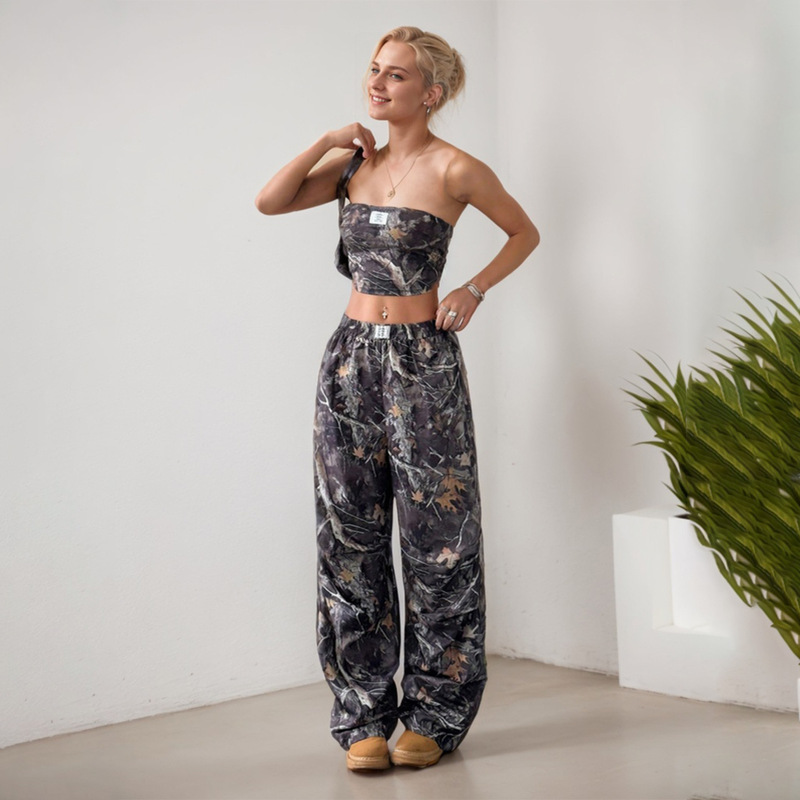 European and American Cross-Border Fashion Casual Elastic Waistband Printed Tube Top Slimming Cargo Pants Set for Teenage Girls