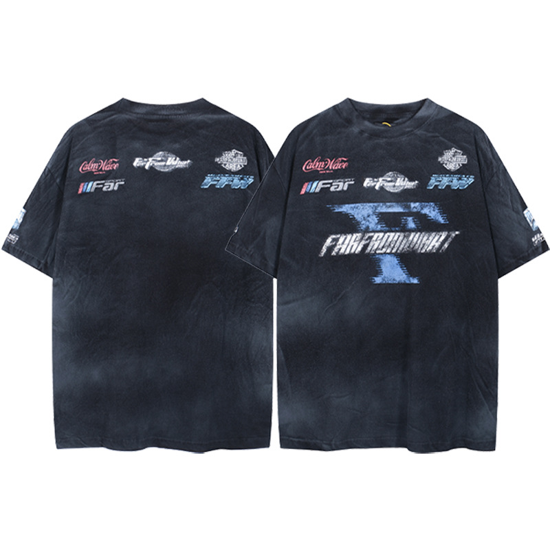 Marca de moda FAR.ARCHIVE vintage lavado angustiado carta impresión hombres suelta pareja de mujeres casual Camiseta de manga corta