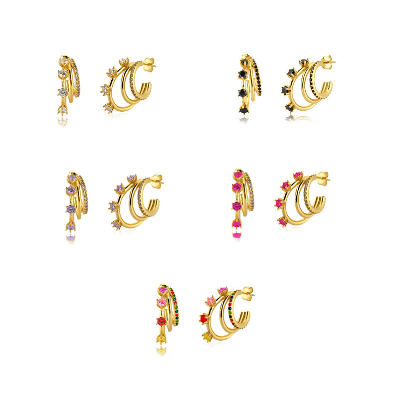 1 Paire Mode Forme C Couches Placage Incruster Le Cuivre Strass Boucles D'oreilles display picture 6