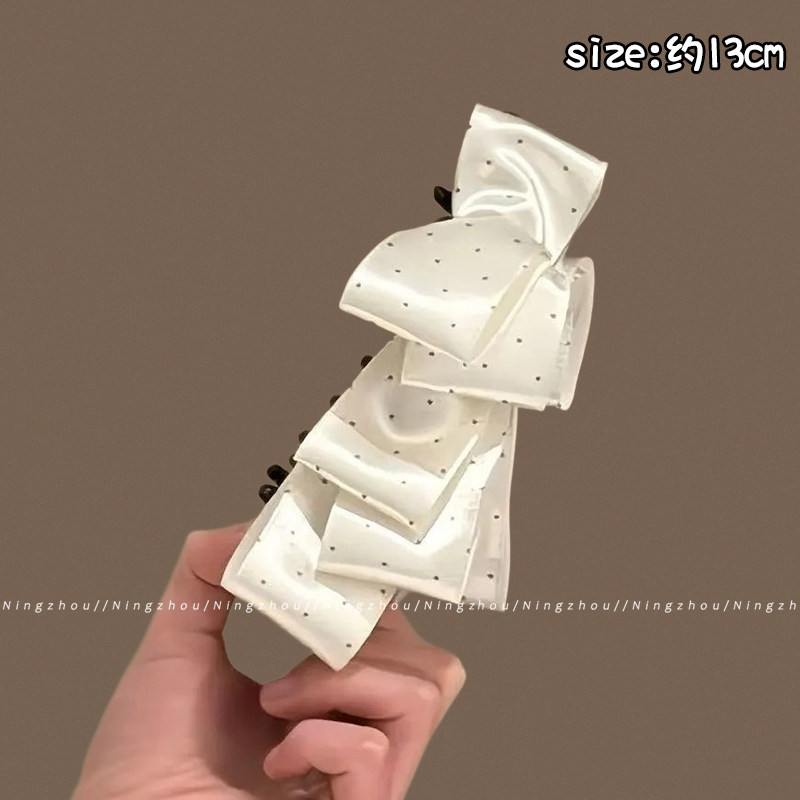 2# white polka dot multi-layered ribbon banana clip, approximately 13cm