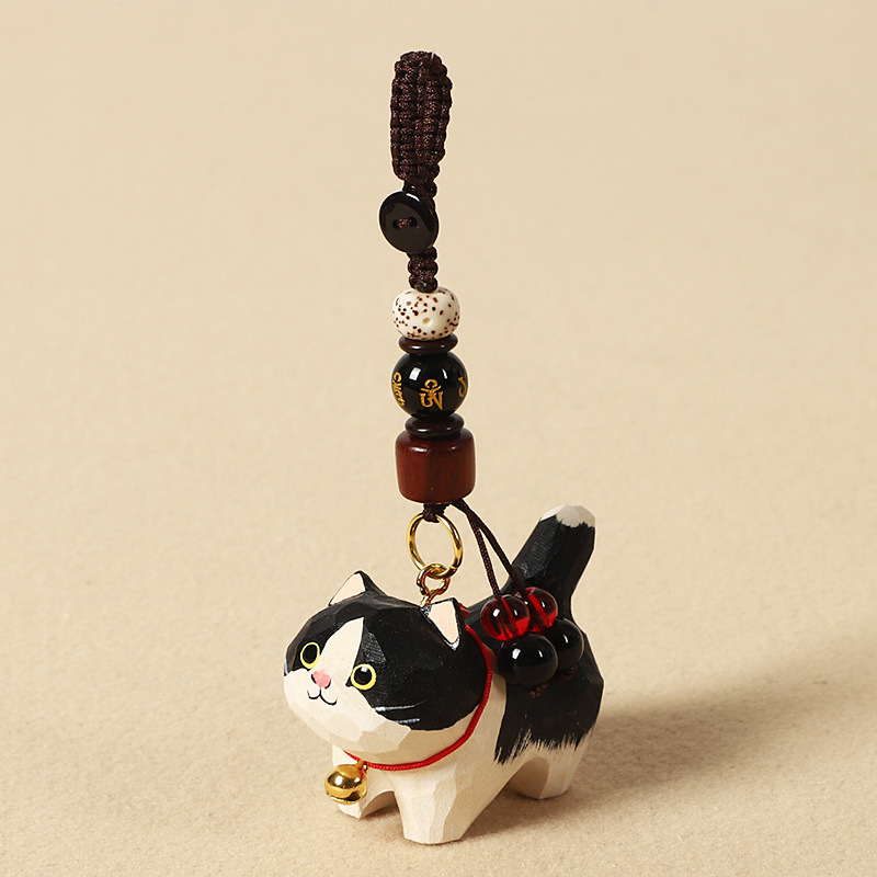 手作り木彫り太ったオレンジ猫車のキーホルダーペンダントかわいい牛猫スクールバッグペンダント女性の親友へのギフトとして