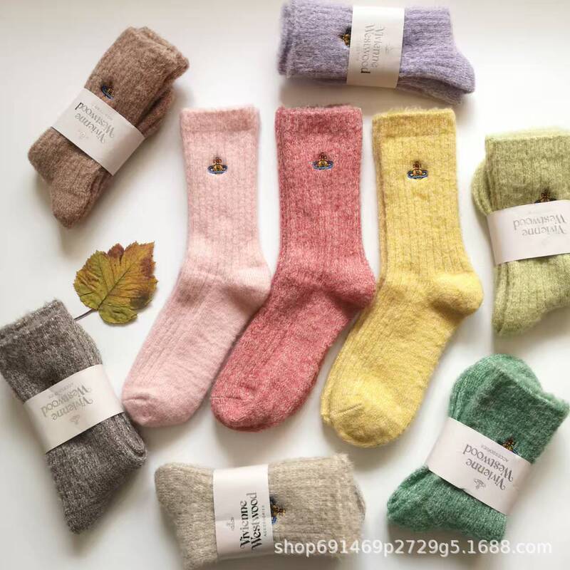Japanese Original Saturn Embroidered Western Empress Dowager Socks Socks Thickened Mid-barrel Double Needle Women's Wool Solid Color Stacked Socks