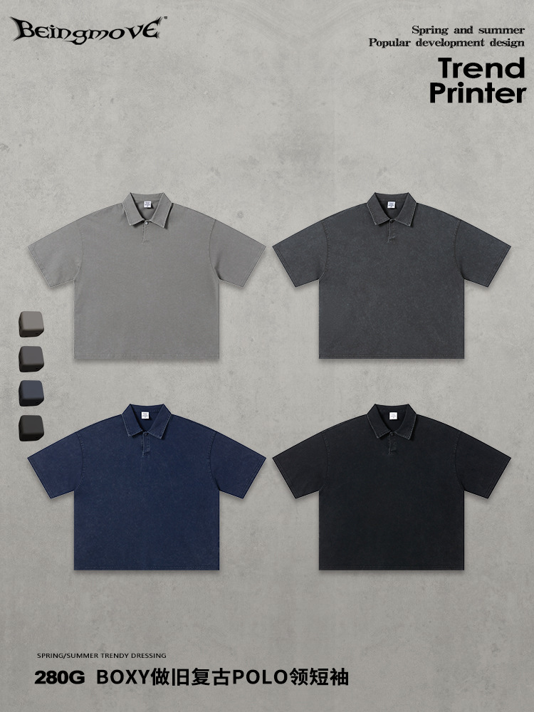 Calle secada| 2026 verano europeo y americano boxy relajado casual de manga corta lavado retro hacer vieja camiseta polo con solapa