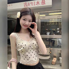 纯欲风蕾丝波点吊带小背心女夏季法式甜辣妹性感短款打底外穿上衣