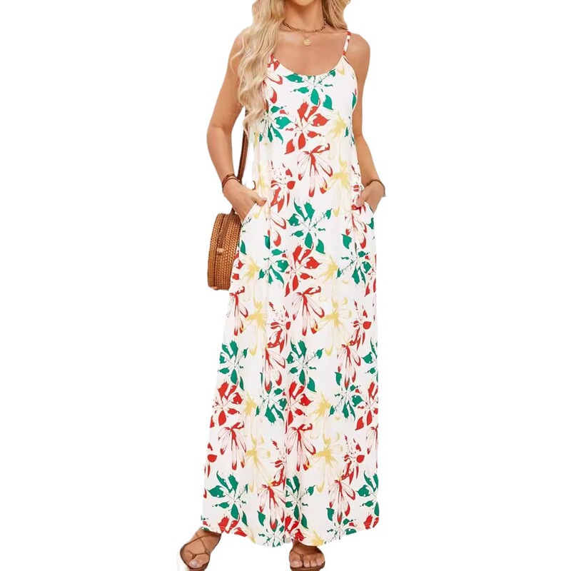 2026 Summer Maxi Dress Casual V-Neck Sleeveless Bohemian Spaghetti Strap Floral Long Dress with Pockets