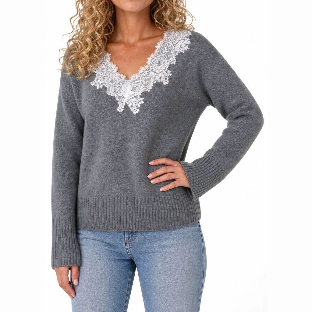Gray V-neck lace splicing sweater for women in autumn and winter new loose lazy style long-sleeved pullover sweater bottoming shirt