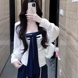 人棉+曼巴棉 三件套女2025薄款长袖罩衫条纹抹胸高腰显瘦休闲裤潮
