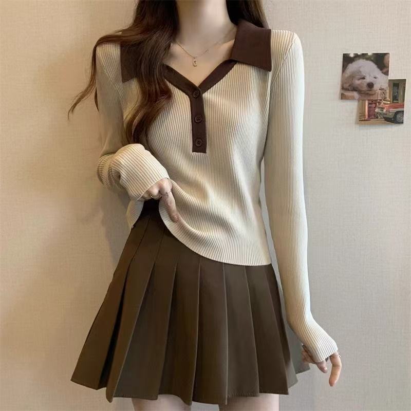 撞色翻领针织打底衫女新款秋冬内搭大码胖mm显瘦百搭长袖上衣|undefined