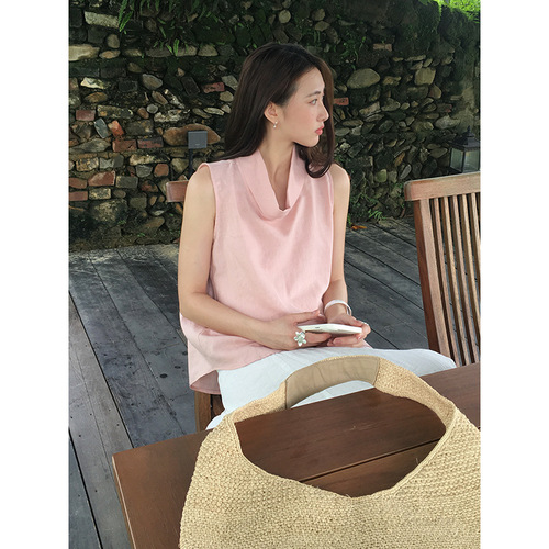 Wanwei Design Sense Pile Neck Sleeveless Top Women's Summer 2024 Swinging Neck Back Lacework Ramie Vest P1668 