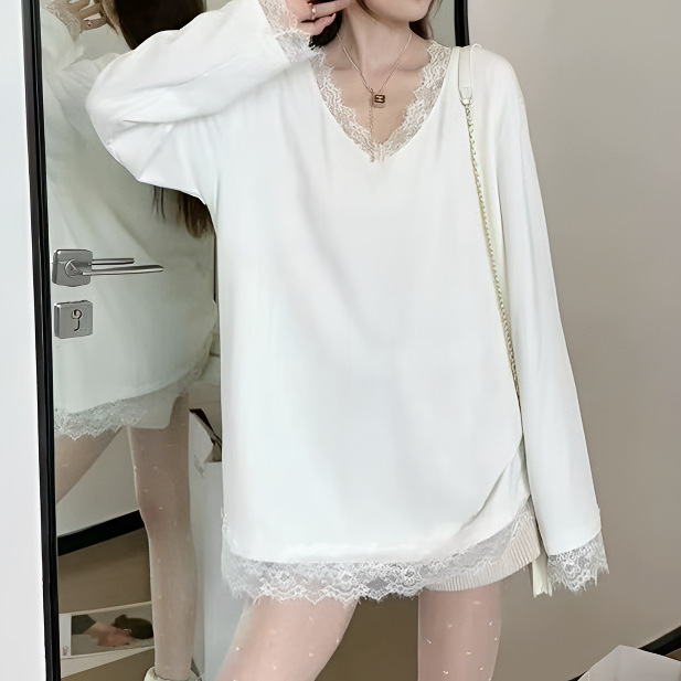 White Long-Sleeved T-Shirt for Women, Spring, Autumn, and Winter, Elegant Lace Sweet Base Shirt, Loose and Fashionable Solid Color Mid-Length Top