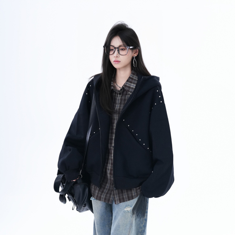 2025 Spring and Autumn New American High Street Dog Ear Rivet Zipper Cardigan Sweater Women's Design Loose Jacket Trendy