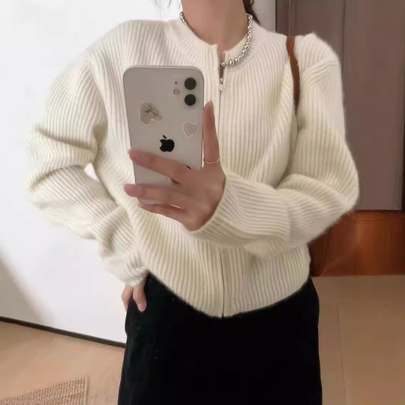 Soft Waxy Wool Sweater Women's Loose Sweater Round Neck Short Zipper Knitted Cardigan Korean Style Slimming Cashmere Jacket