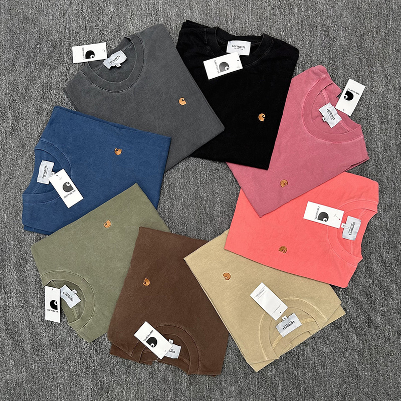 Cross-Border Foreign Trade Carhartt Carhartt Small Gold Label Embroidered Washed Vintage Round Neck Pure Cotton Men's Short-Sleeve T-Shirt