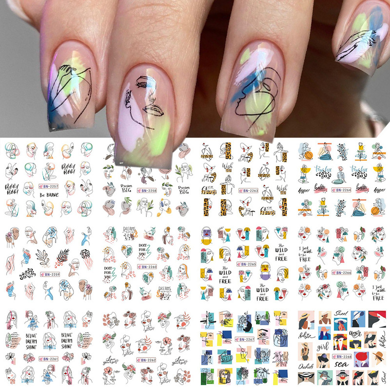 Cross-border supply of new nail art watermark stickers ins Wind abstract lines face hollow leaves art nail stickers