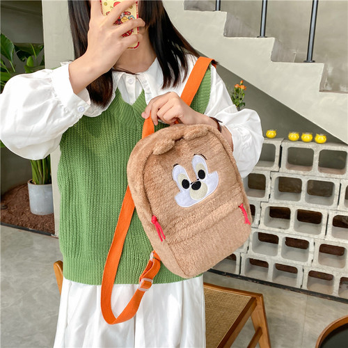 Korean version ins cute furry large capacity backpack  new cartoon street candy color plush backpack