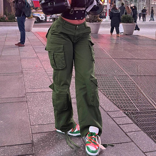2025 European and American Style Women's Cargo Pants Retro Loose Denim Overalls Multi-Pocket Street Wide-Leg High-Waisted Straight Long Pants