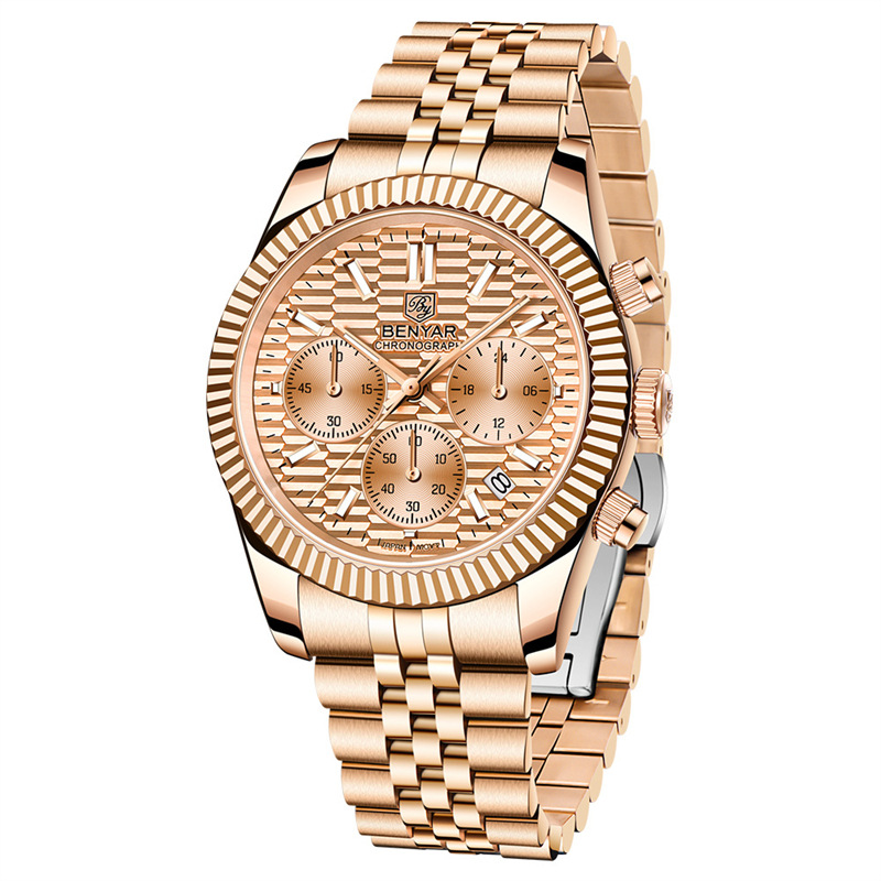 Binya benyar reloj de cuarzo de acero fino multifuncional para hombre de seis Pines de acero fino de moda luminoso impermeable calendario reloj de hombre S001