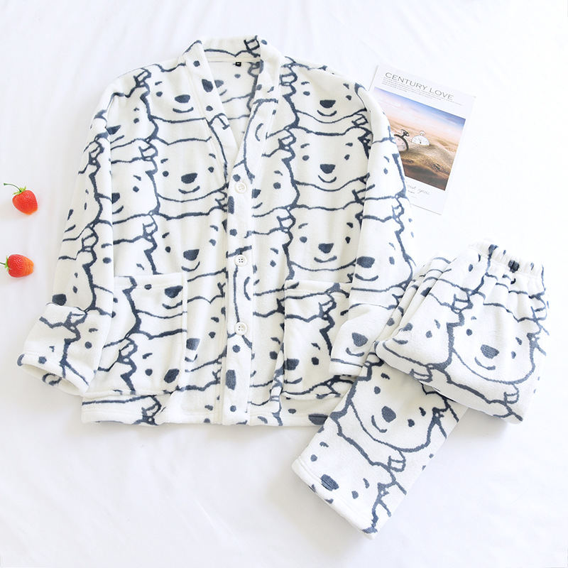 HMMメンズホワイトベアーVネックフランネルパジャマ