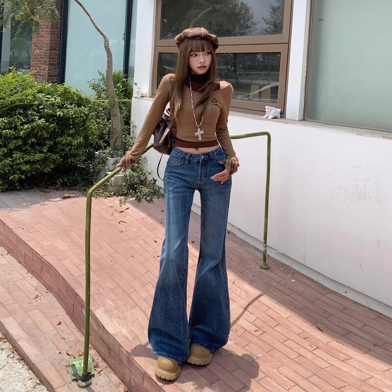 Loose Fit Bamboo Pattern Flared Jeans for Women, Autumn, Plus Size, Slimming, Pear-Shaped Figure, Flared Denim