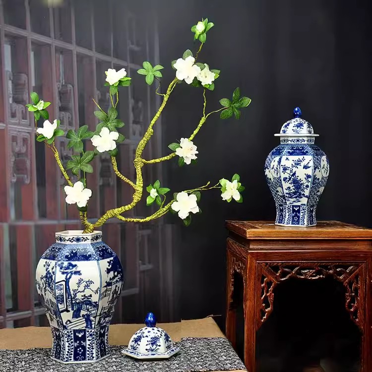 Jingdezhen antiguo tanque de almacenamiento de cerámica azul china modelo de casa de estilo residencial hotel sala de té decoración para el hogar