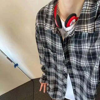 黑白格子长袖衬衫男秋季潮牌美式复古宽松高级感衬衣情侣休闲外套
