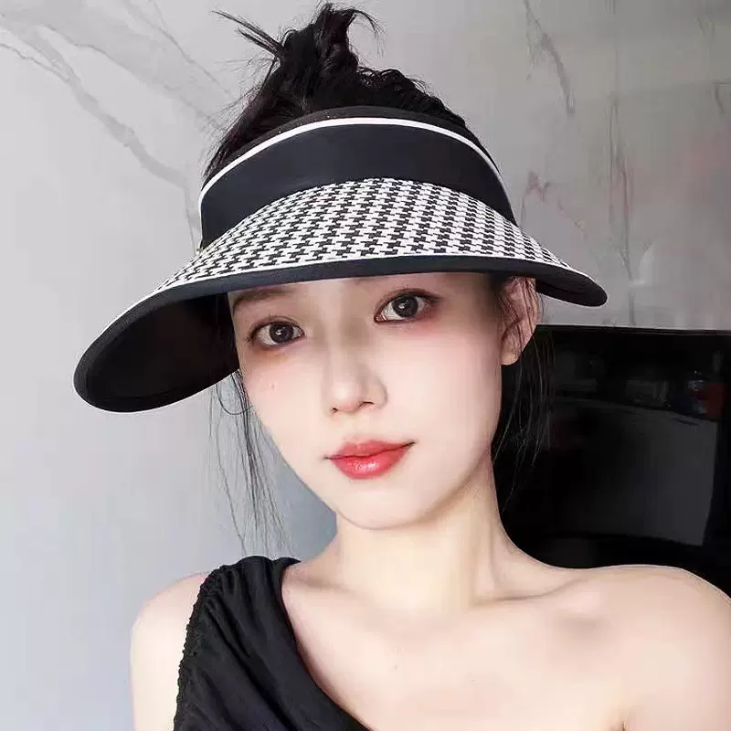 2024韩版夏季帽子女镶钻时尚千鸟格防晒空顶遮阳帽户外太阳帽