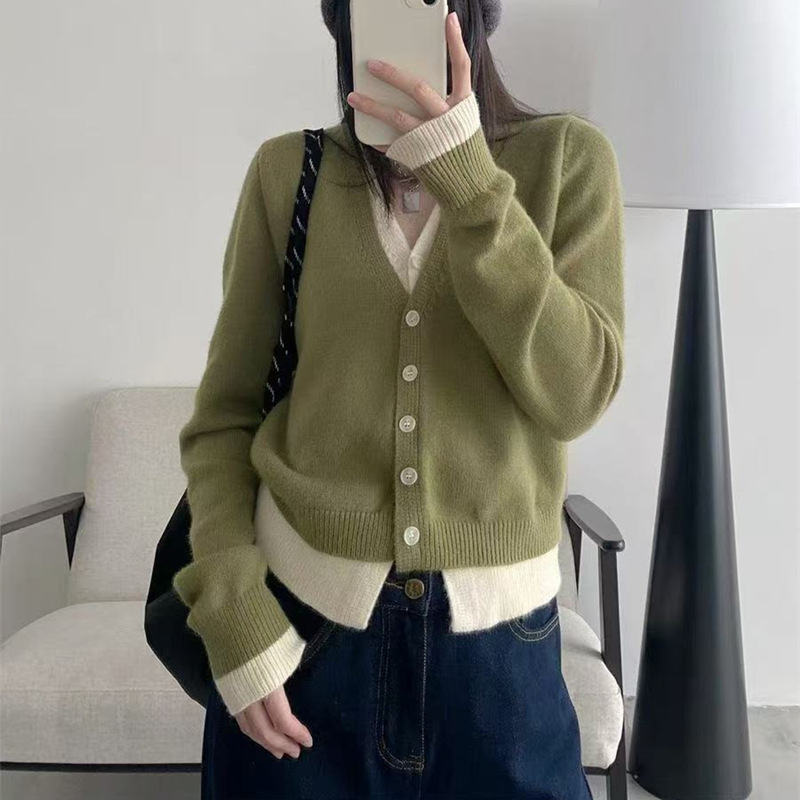 V领撞色假两件针织衫外套女2025秋冬新款韩系慵懒风针织衫上衣女|undefined