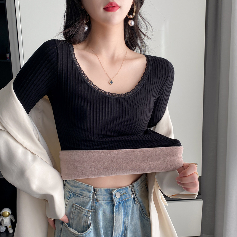 Lamb Wool Warm Top Women's Winter New Fleece-lined Thickened Inner Autumn Clothes Stretch Slim-fit Base Shirt Top Trendy
