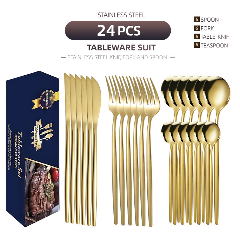 国境を越えたアマゾンポルトガルステンレス食器チタンメッキ金色ギフトボックス品ステーキナイフフォークスプーン24点セット|undefined