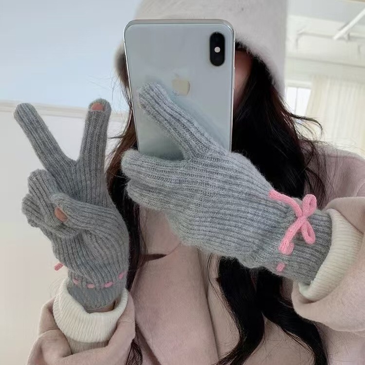 Wool Knitted Bow Gloves for Female Students, Cute Korean Style Autumn and Winter Cycling Warm Trendy Korean Fingerless Gray