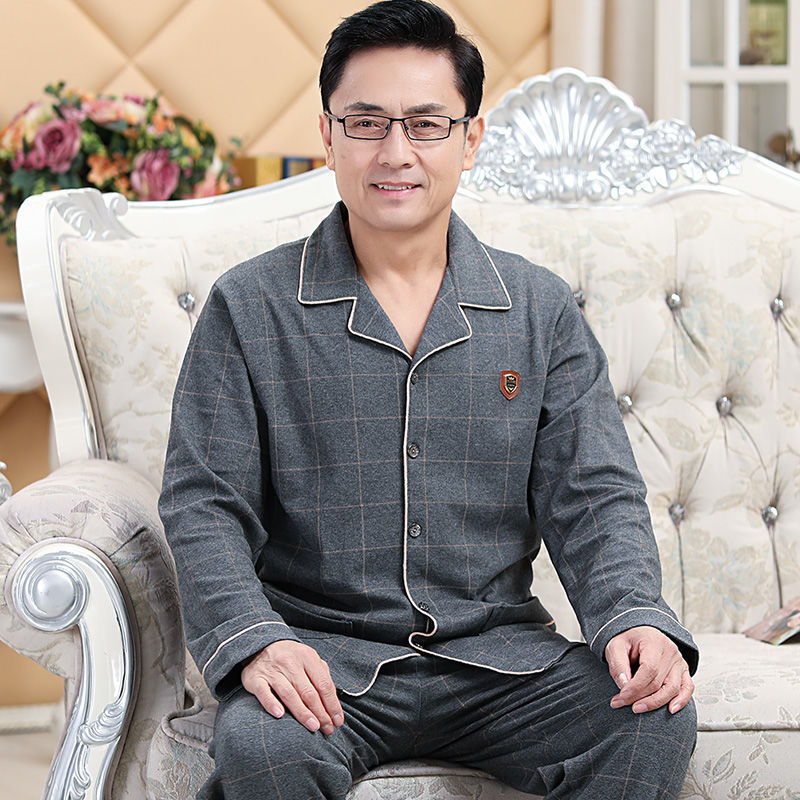 Spring and Autumn Pajamas 100% Cotton Men's Long Sleeve Cardigan Dad Style Middle-Aged and Elderly Home Clothes Elderly Plus Size 5XL