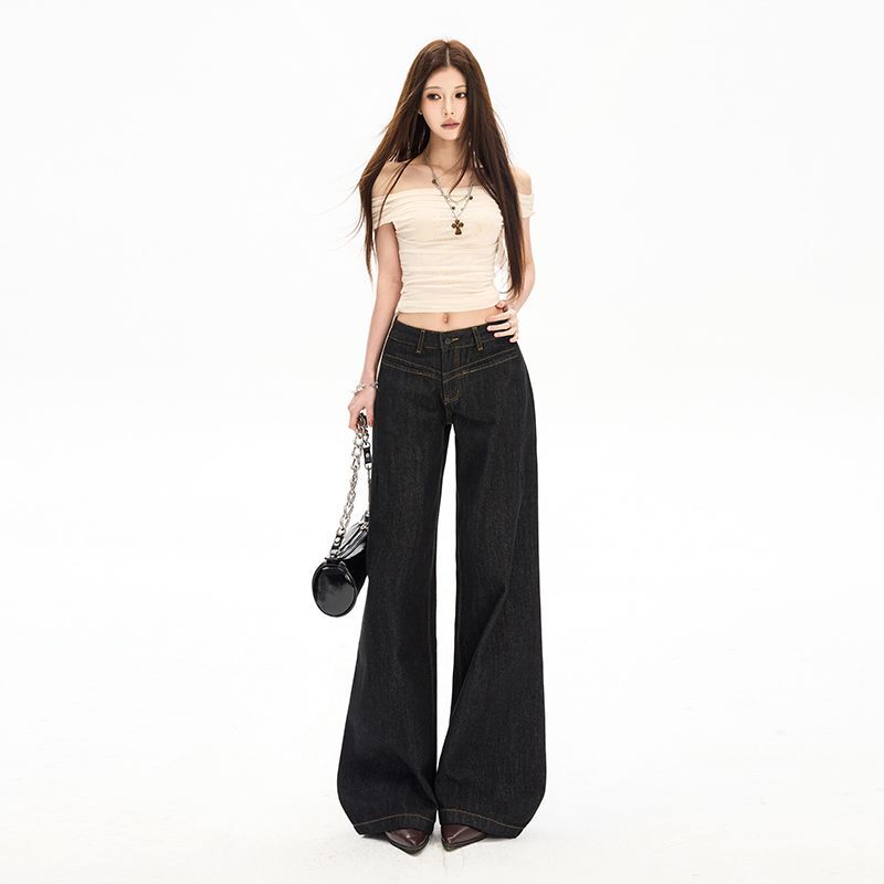 In-Stock Wholesale Silhouette Design Black Low-Waist Scimitar Jeans American Retro Versatile Loose Wide-Leg Pants Long