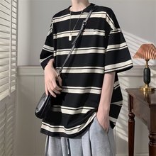 夏季美式复古衫纯棉条纹短袖休闲宽松T恤男款潮流行百搭上衣服装