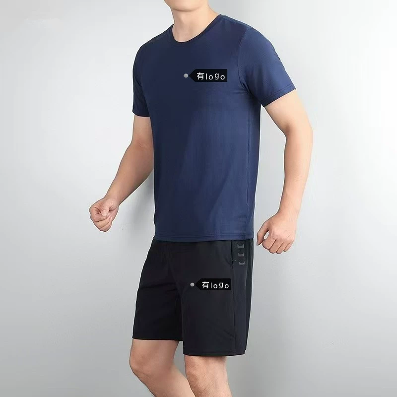 Летняя европейская и американская спортивная быстросохнущая одежда и футболки с короткими рукавами для мужчин, летние свободные брюки для фитнеса, эластичные повседневные костюмы с круглым вырезом.