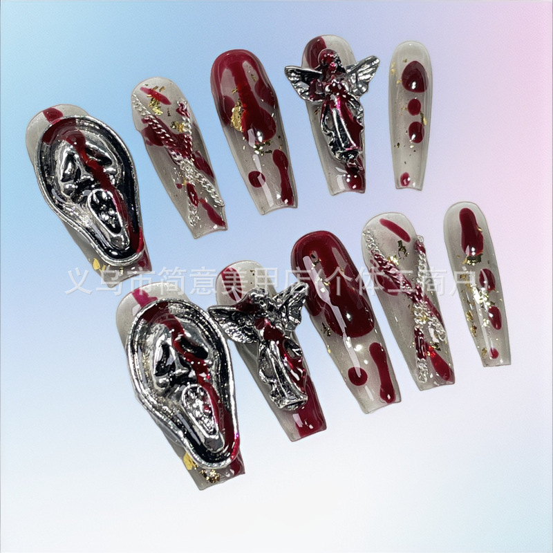 European and American Heavy Industry Halloween Handmade Wearable Nails Dark Retro Long Manicure Wearable Sweet and Cool Nails Wholesale
