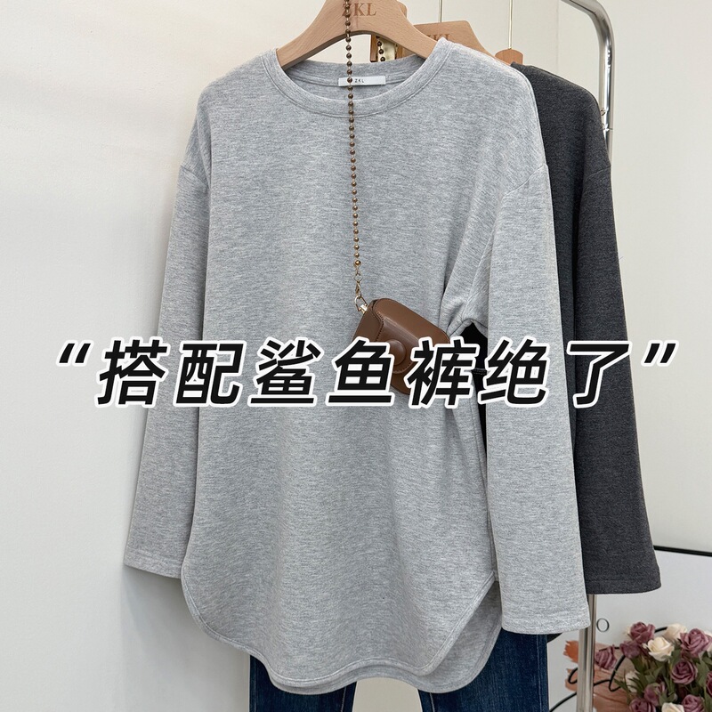 Heavy Weight Brushed Silk Wool Round Neck T-Shirt for Women in Autumn and Winter Loose Gray Mid-Length Bottoming Shirt Covering Buttocks Top