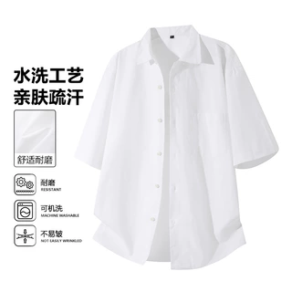跨境外贸棉麻短袖衬衫男夏季衬衣高品质纯色翻领休闲衬衣男速卖通