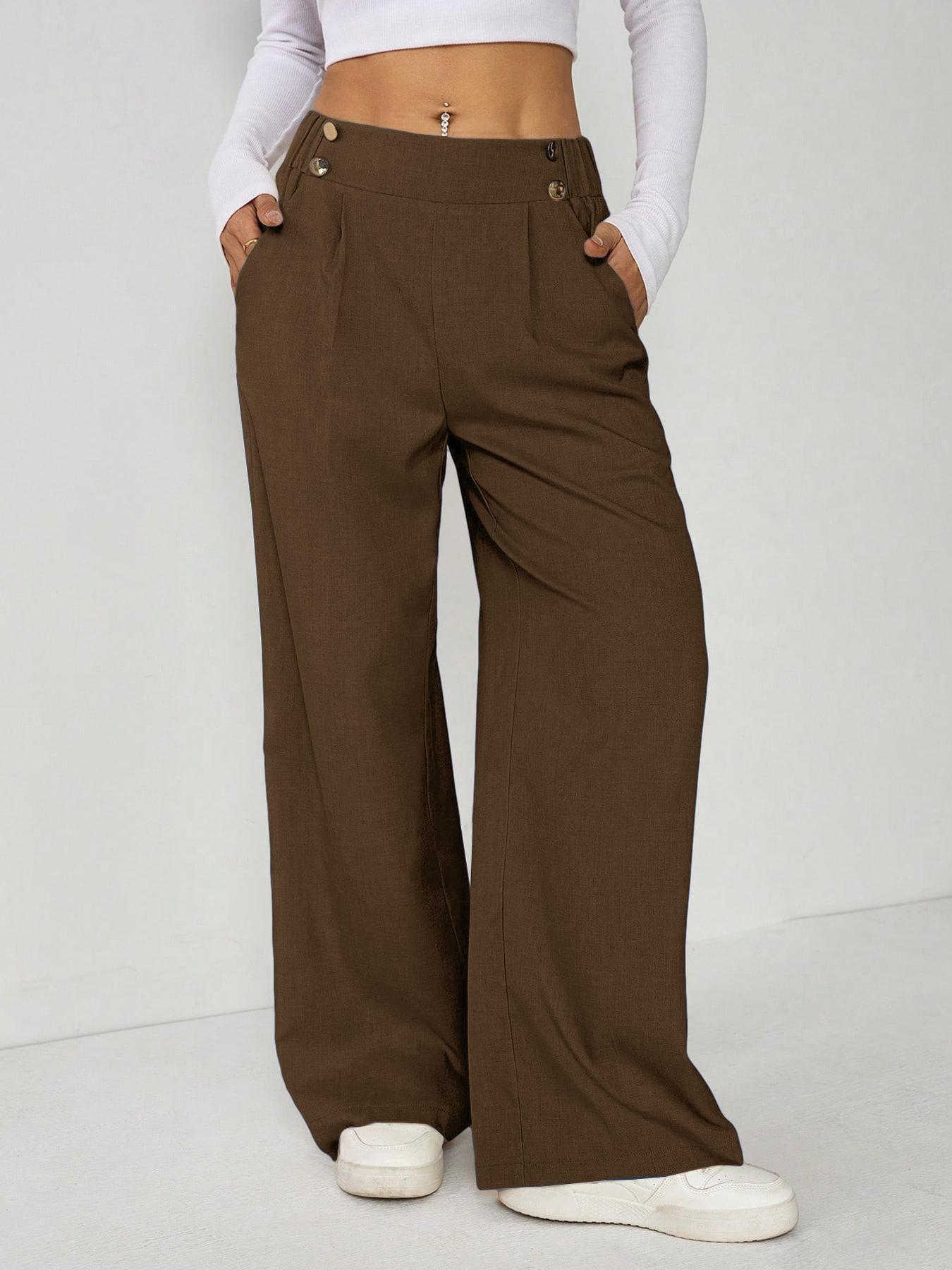 Women's Wide Leg Straight Leg Trousers Casual Fashion European American Style Button Decoration Commuting Pants_ecoleips.com