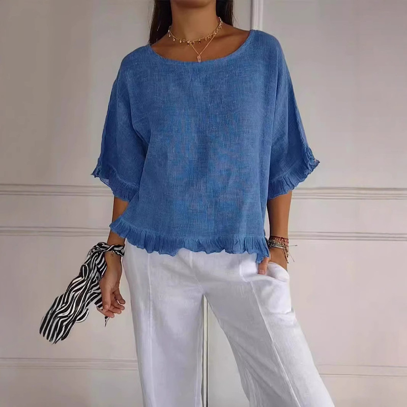 New 2026 Foreign Trade Independent Site Cross-Border Summer Women's Short-Sleeve Round-Neck Cotton-Linen Solid Color Loose-Fitting European and American Style Shirt for Women