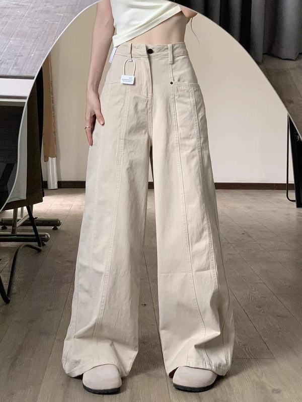 杏色工装牛仔裤女夏季慵懒松弛感高腰直筒显瘦弯刀镰刀阔腿长裤子|undefined