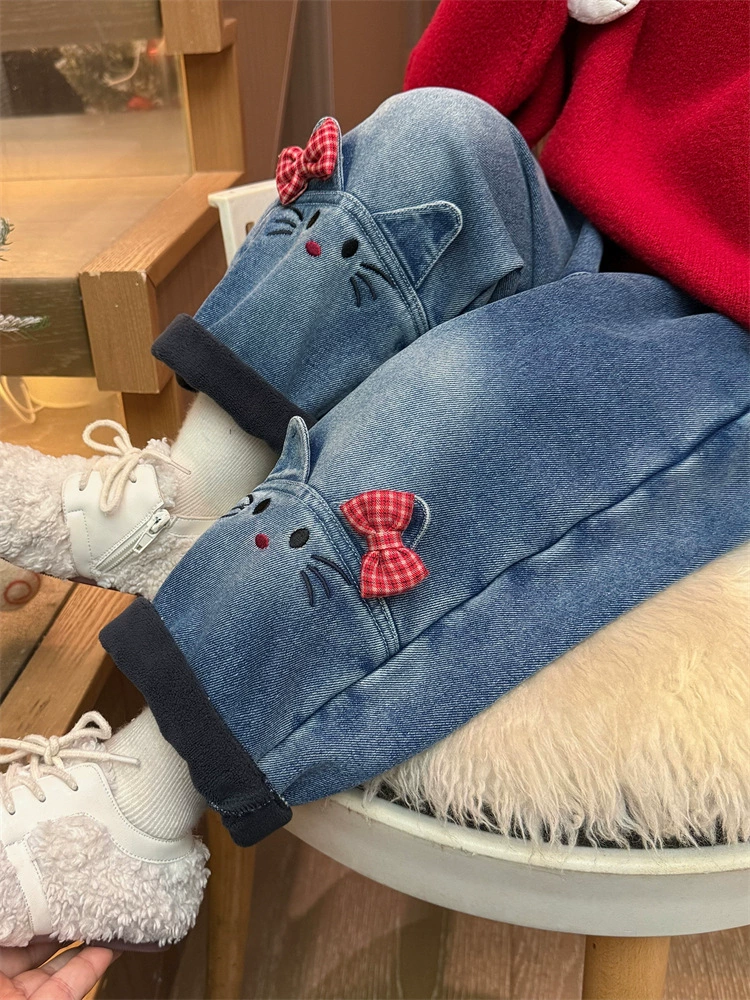 Флисовые тёплые джинсы, пуховик, бархатные детские повседневные брюки, детская одежда